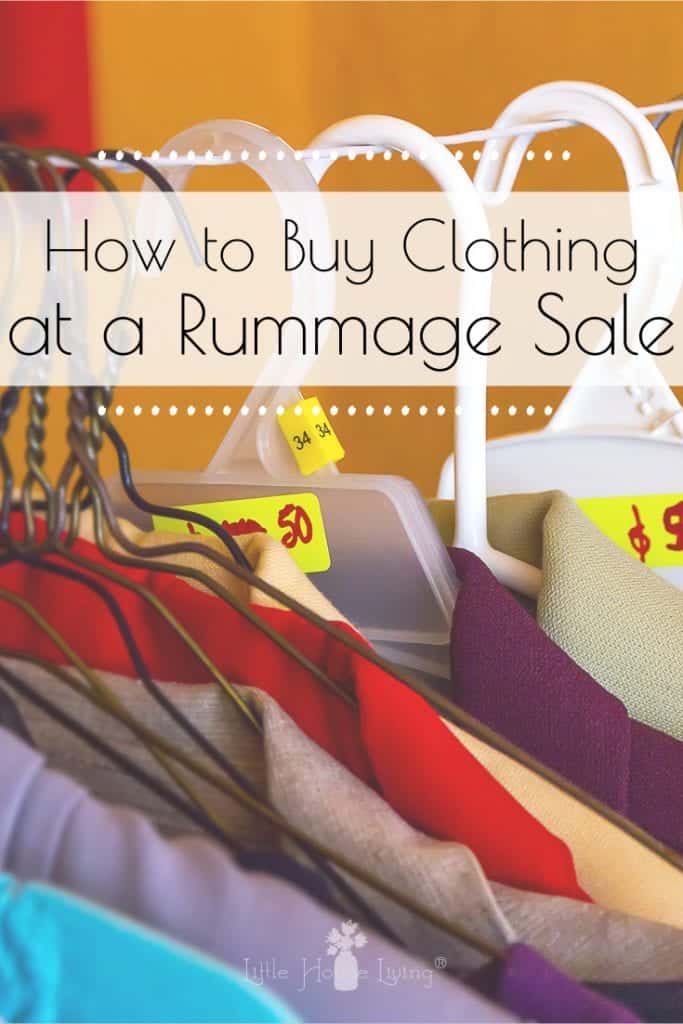 Love to shop at rummage sales or yard sales? Me too! Here are some of my best tips on how to find excellent deals when frugal clothes shopping at rummage sales. #frugalclothesshopping #frugalclothing #thriftyclothing #rummagesales