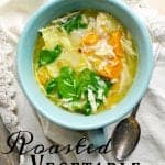 Looking for a delicious, comforting soup recipe that is perfect to make in the winter? This Roasted Vegetable Soup recipe is as easy as any soup recipe can be! #roastedvegetablesoup #vegetablesoup #veggiesoup #souprecipes