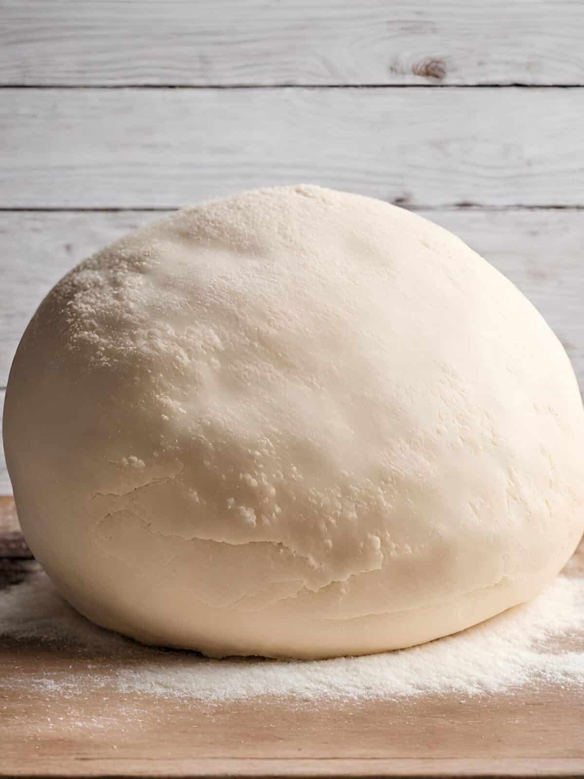 Make ahead pizza dough on a wooden table.