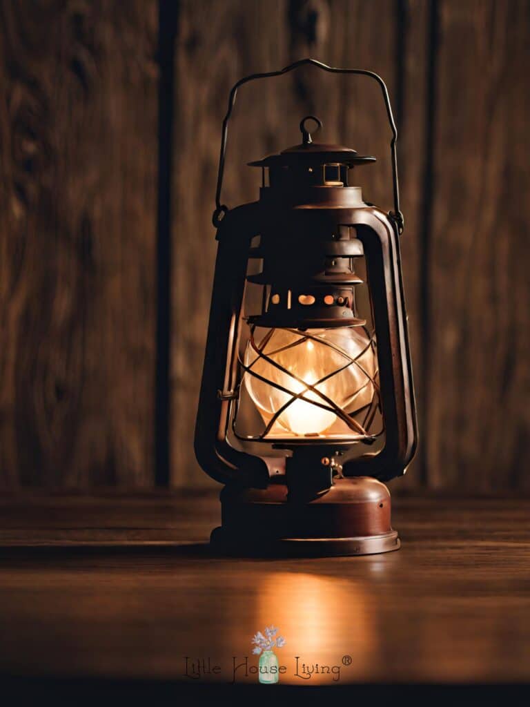 Lantern on a wooden table with a wooden background.