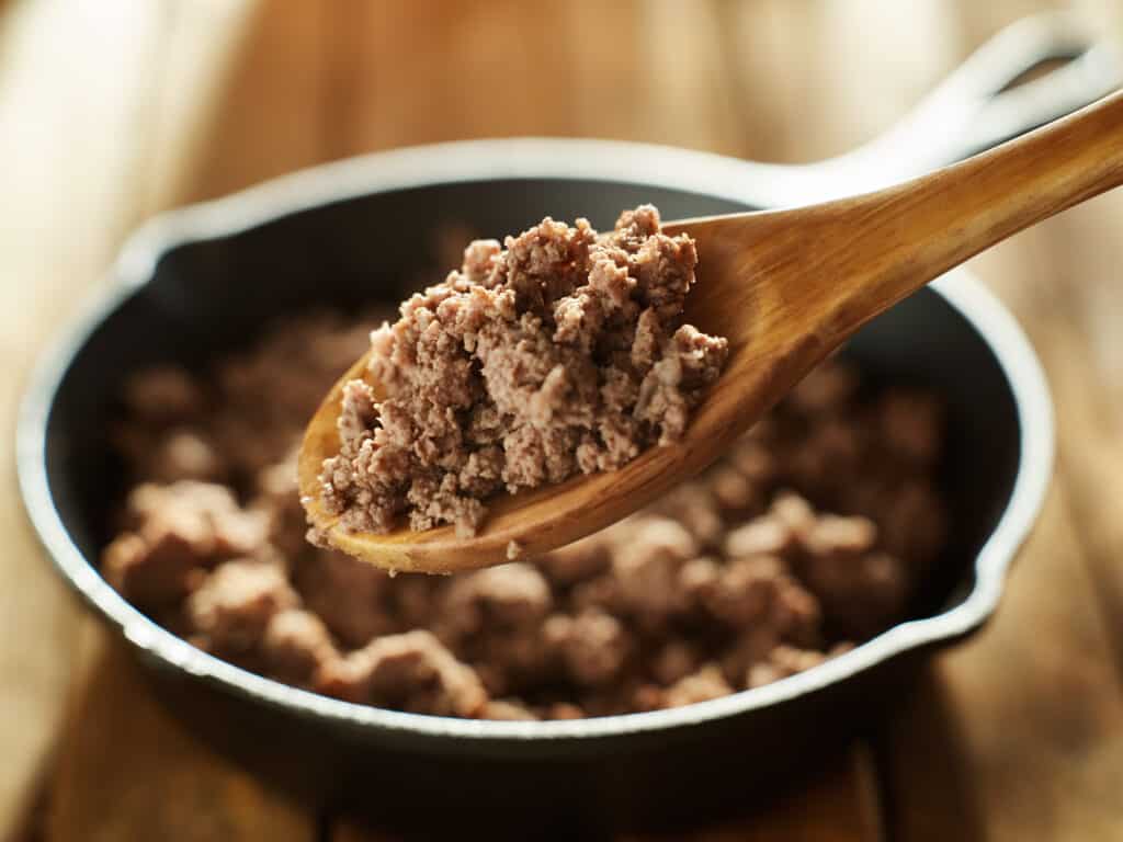 Browned Ground Beef in a Cast Iron Pan