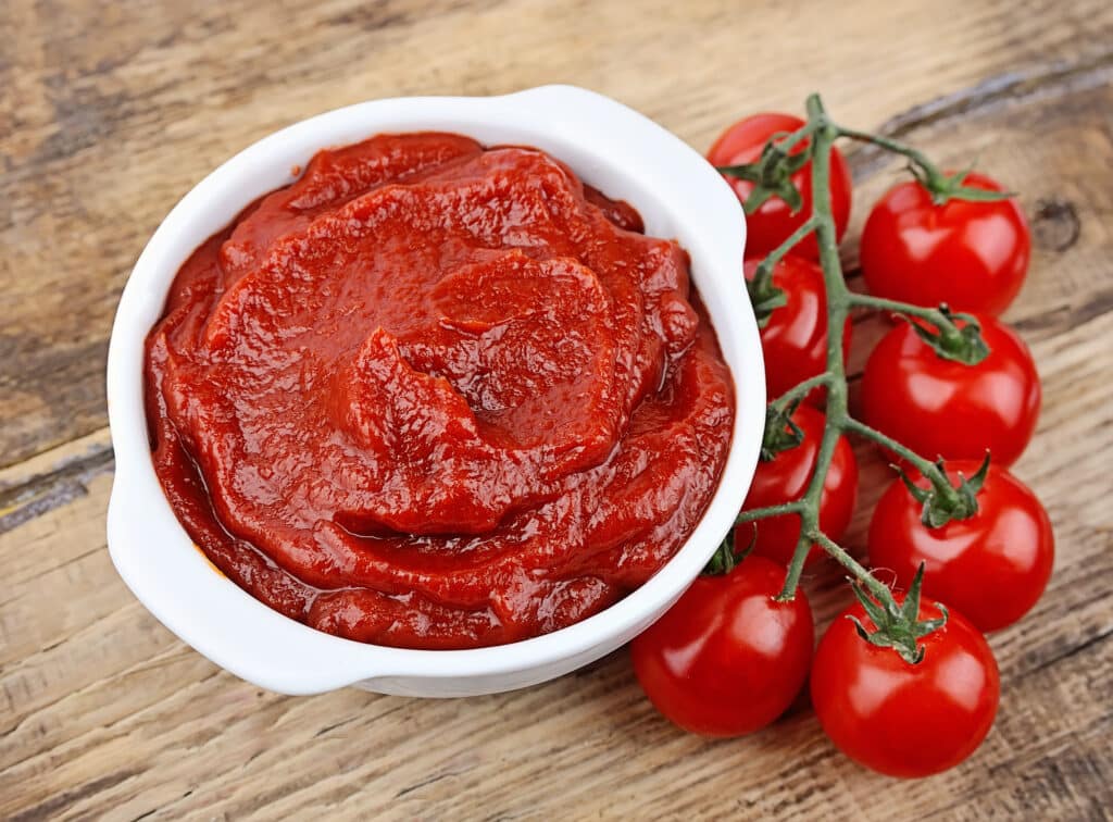 Tomato paste in a white bowl with cherry tomatoes on the side.