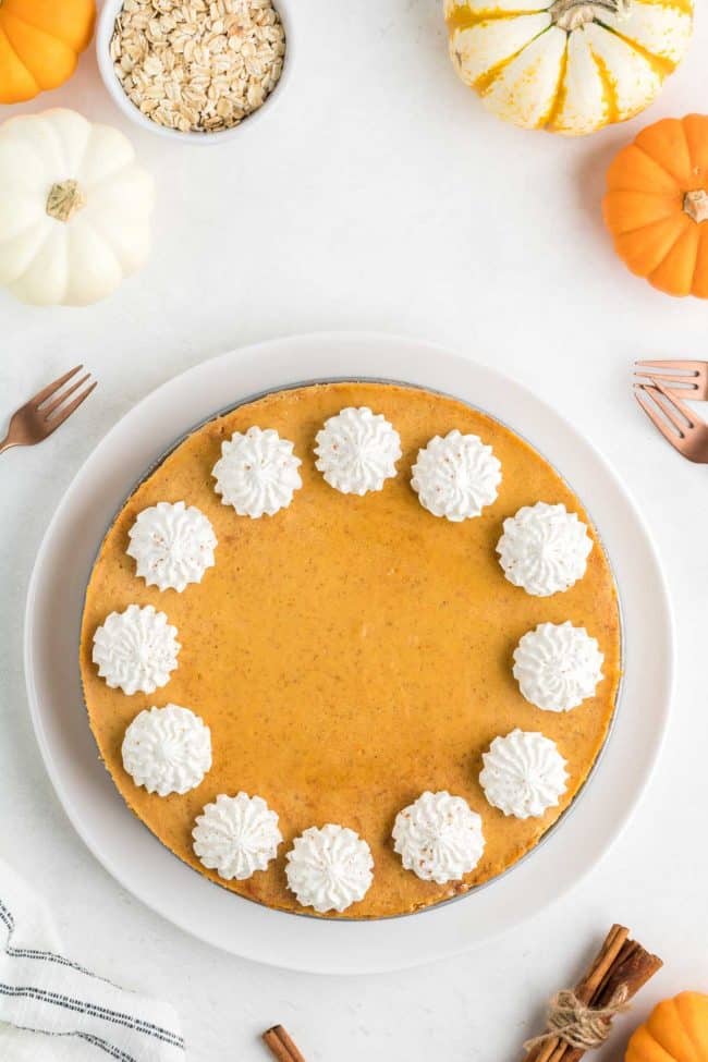 Gluten-free Pumpkin Cheesecake on a white board with forks and pumpkins