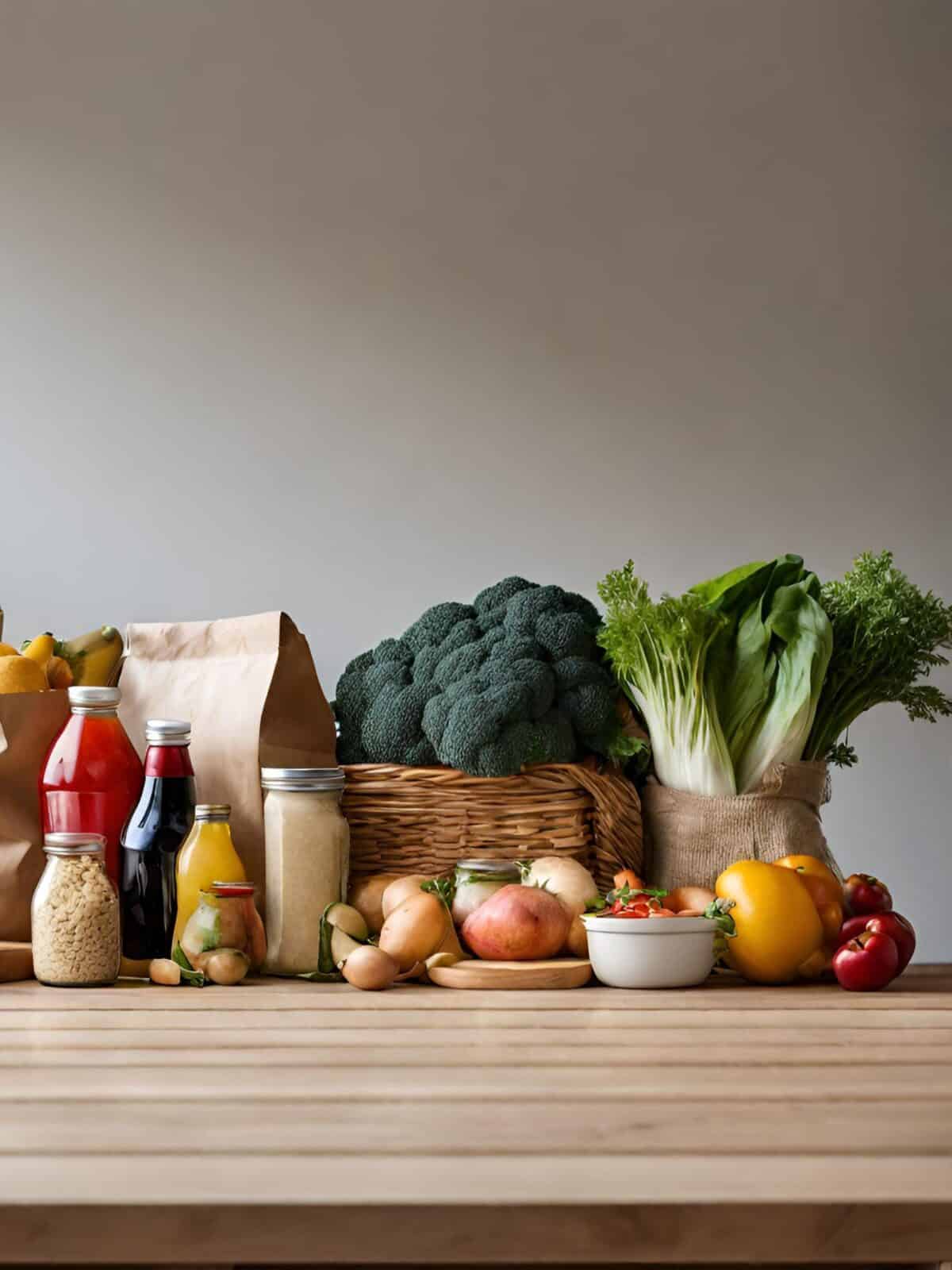 fresh groceries sitting on a wooden counter top