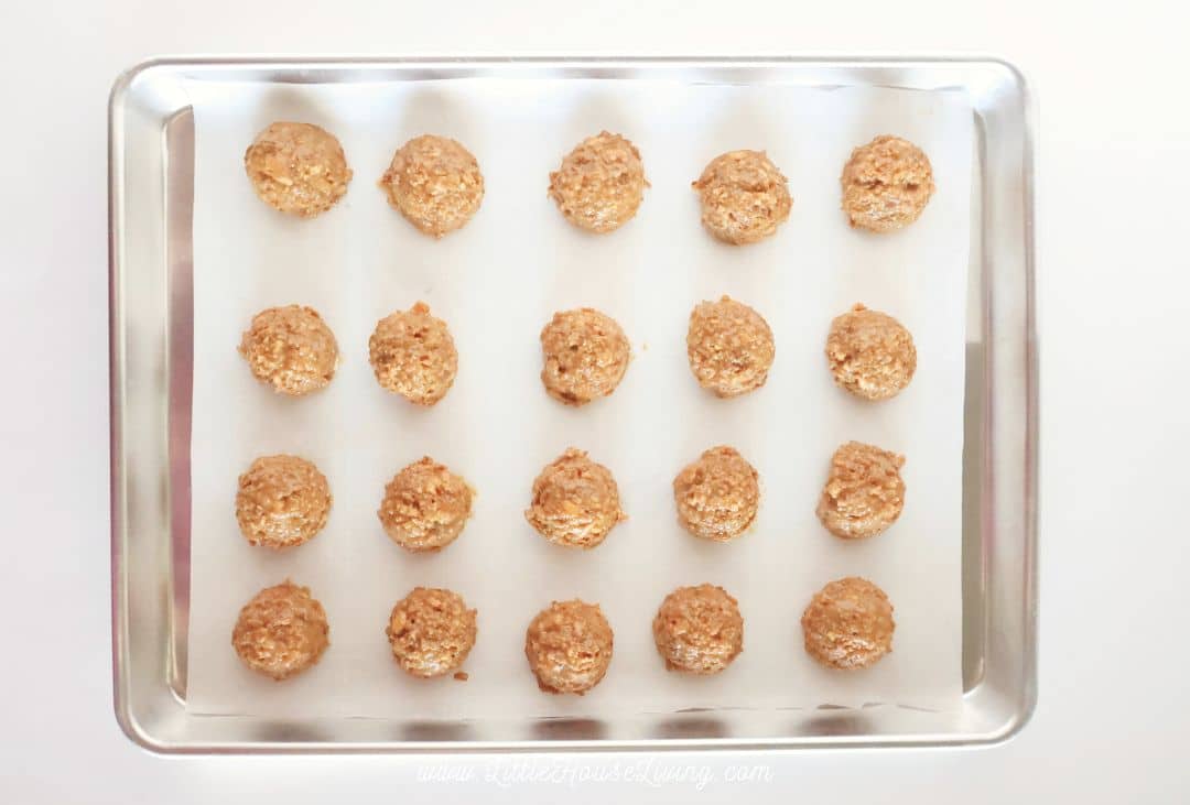 samoa truffles scooped onto cookies sheet ready to freeze
