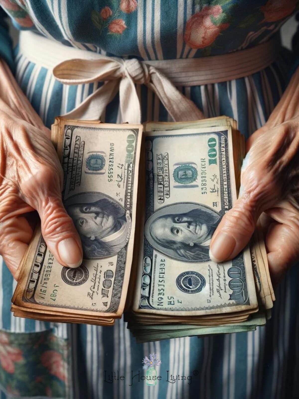 Grandmothers hands around some money.