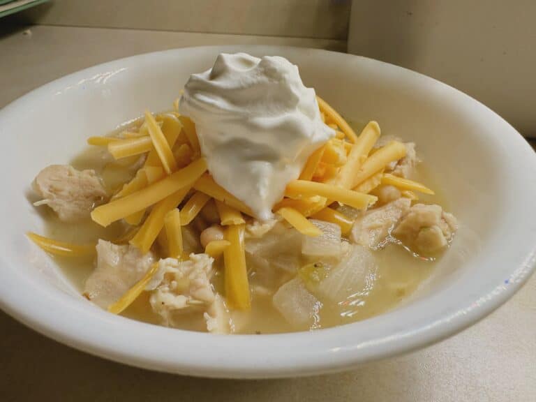 finished bowl of white chicken chili