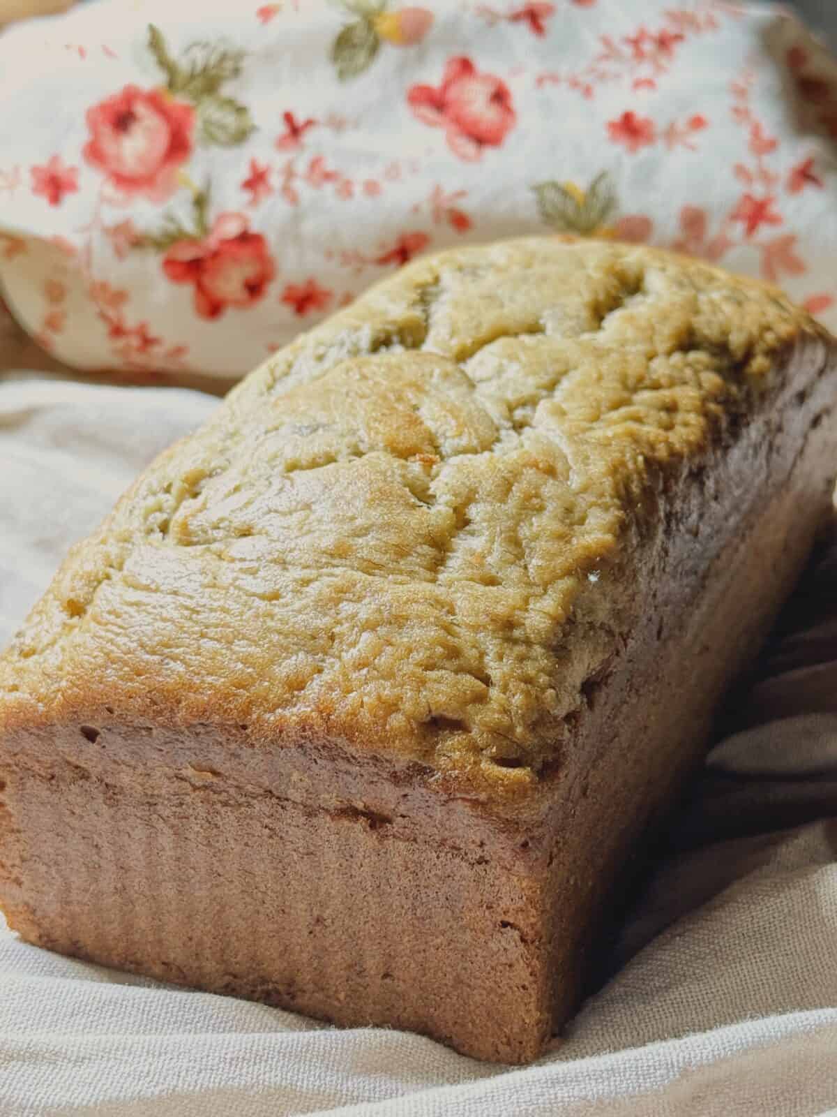 banana bread on a flour sack towel