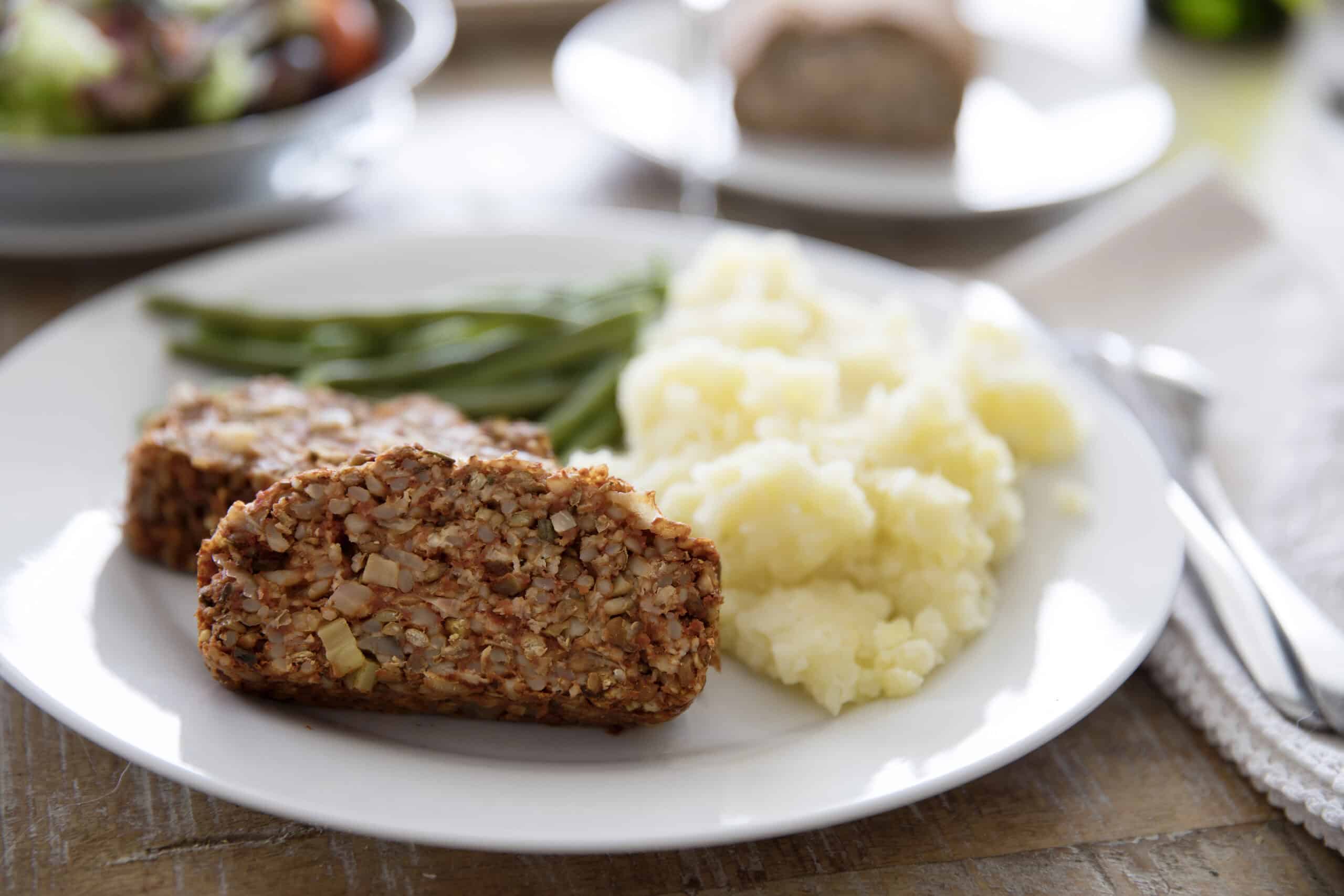 lentil loaf with mashed potatoes and green beans