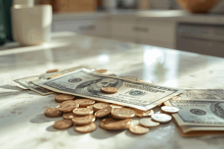 money on a kitchen counter